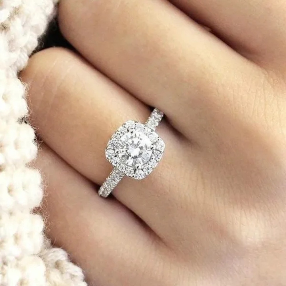 3/$35 White Gold Plated Cushion-Cut Halo Ring Cubic Zirconia Diamond Gemstone